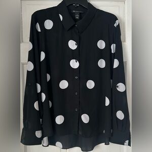 INC International Concepts Black & White Polka Dot Blouse XL Flowy & Flattering